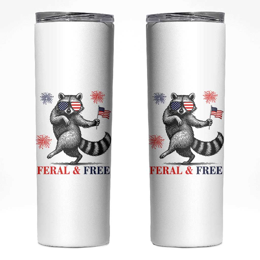 Feral and Free Dancing Raccoon Skinny Tumbler Funny 4th July Patriotic Animal US Flag and Fireworks - Wonder Print Shop
