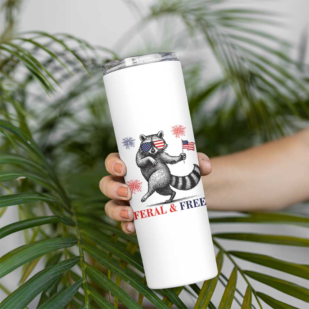 Feral and Free Dancing Raccoon Skinny Tumbler Funny 4th July Patriotic Animal US Flag and Fireworks - Wonder Print Shop