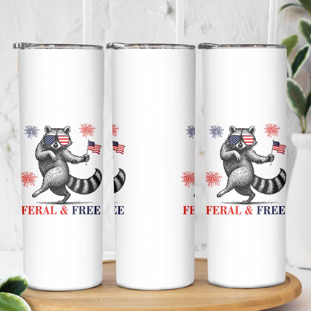 Feral and Free Dancing Raccoon Skinny Tumbler Funny 4th July Patriotic Animal US Flag and Fireworks - Wonder Print Shop