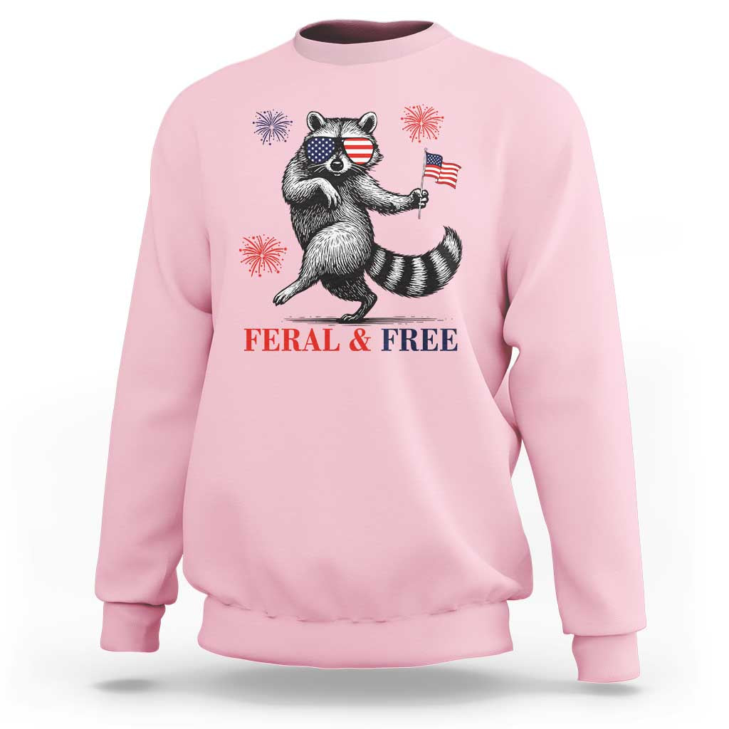 Feral and Free Dancing Raccoon Sweatshirt Funny 4th July Patriotic Animal US Flag and Fireworks - Wonder Print Shop