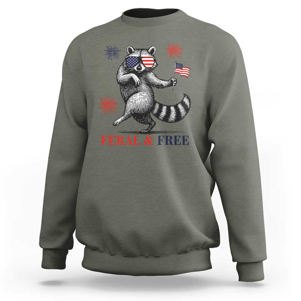Feral and Free Dancing Raccoon Sweatshirt Funny 4th July Patriotic Animal US Flag and Fireworks - Wonder Print Shop