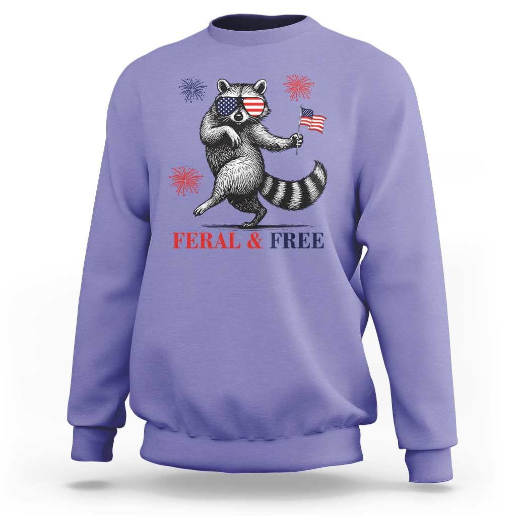 Feral and Free Dancing Raccoon Sweatshirt Funny 4th July Patriotic Animal US Flag and Fireworks - Wonder Print Shop