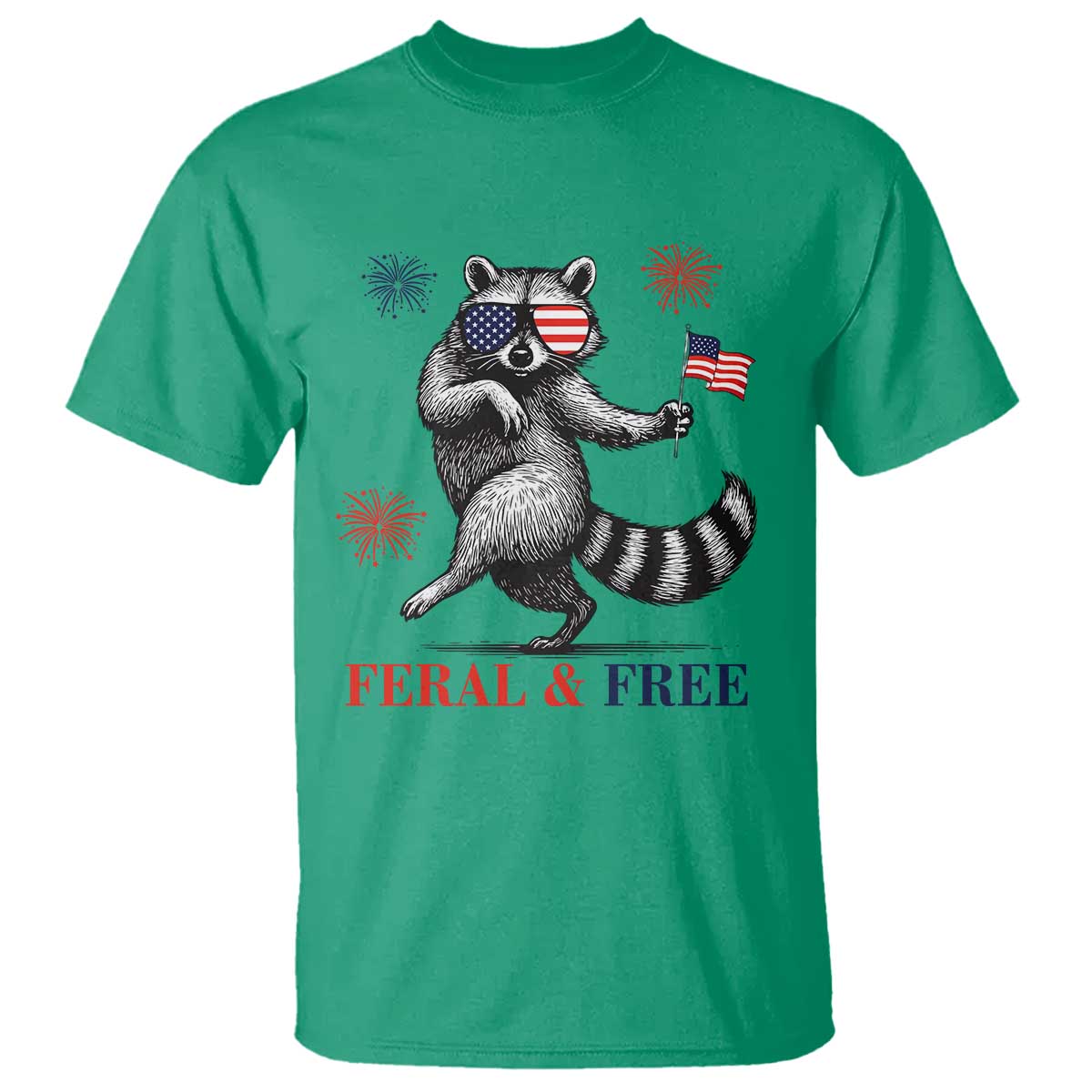 Feral and Free Dancing Raccoon T Shirt Funny 4th July Patriotic Animal US Flag and Fireworks - Wonder Print Shop