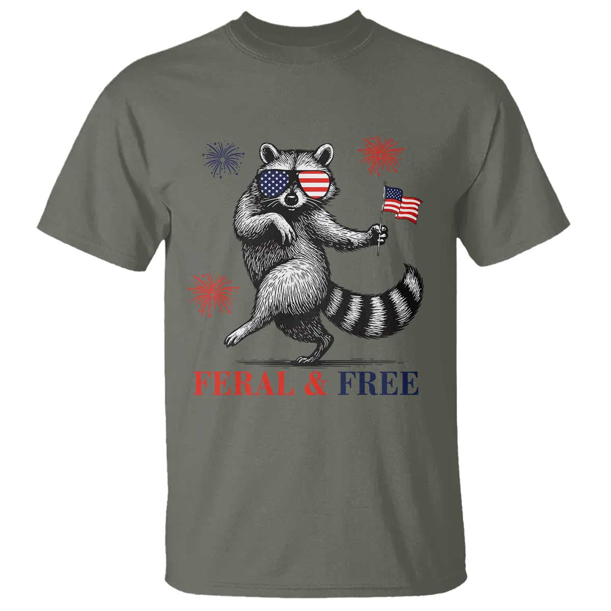 Feral and Free Dancing Raccoon T Shirt Funny 4th July Patriotic Animal US Flag and Fireworks - Wonder Print Shop