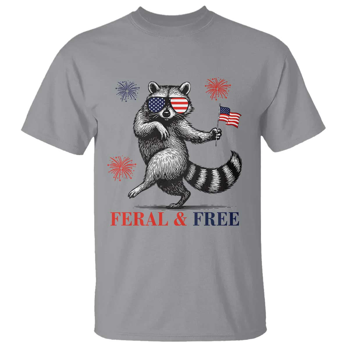 Feral and Free Dancing Raccoon T Shirt Funny 4th July Patriotic Animal US Flag and Fireworks - Wonder Print Shop