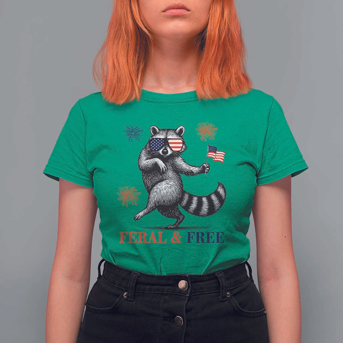 Feral and Free Dancing Raccoon T Shirt For Women Funny 4th July Patriotic Animal US Flag and Fireworks - Wonder Print Shop