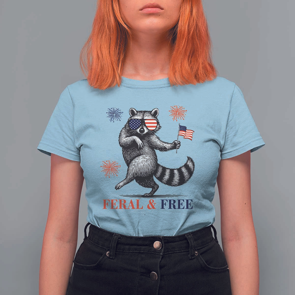 Feral and Free Dancing Raccoon T Shirt For Women Funny 4th July Patriotic Animal US Flag and Fireworks - Wonder Print Shop