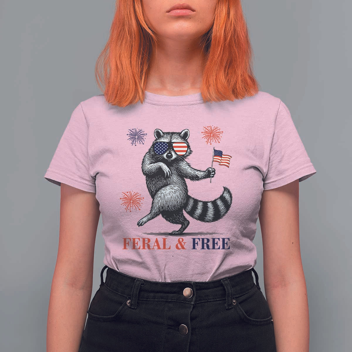 Feral and Free Dancing Raccoon T Shirt For Women Funny 4th July Patriotic Animal US Flag and Fireworks - Wonder Print Shop