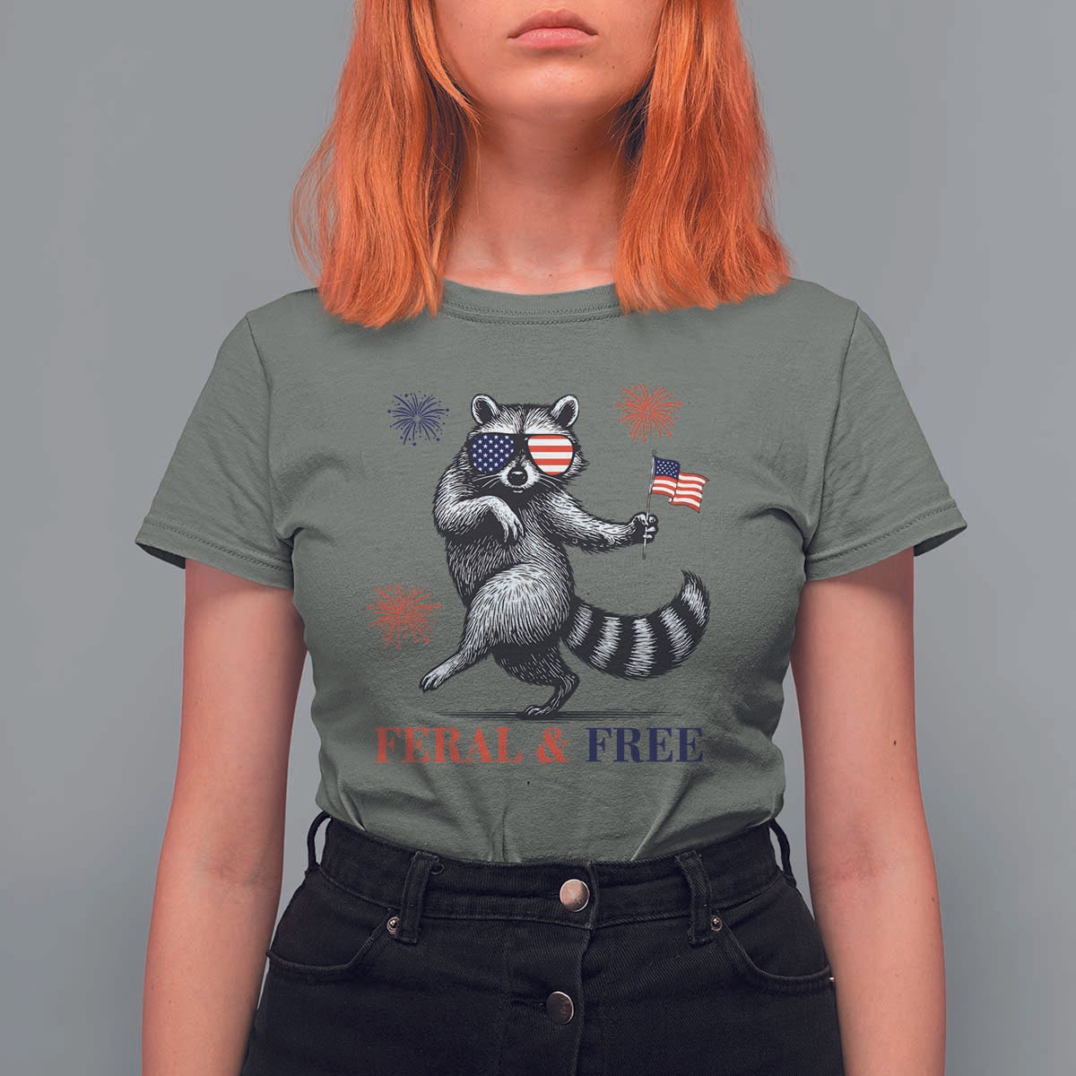 Feral and Free Dancing Raccoon T Shirt For Women Funny 4th July Patriotic Animal US Flag and Fireworks - Wonder Print Shop