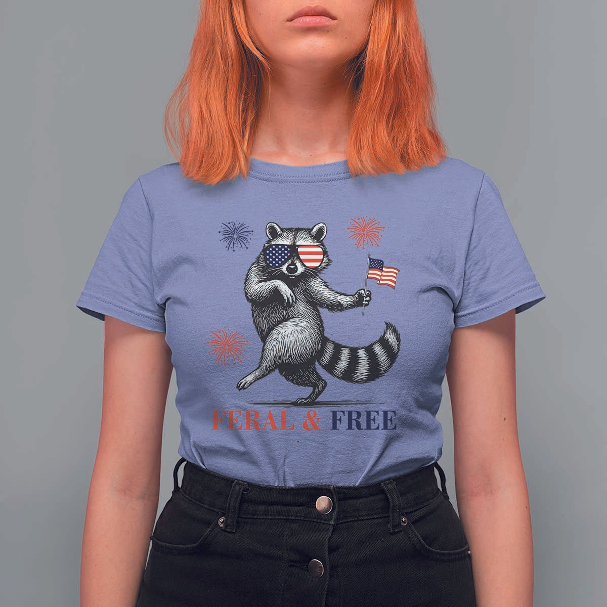 Feral and Free Dancing Raccoon T Shirt For Women Funny 4th July Patriotic Animal US Flag and Fireworks - Wonder Print Shop