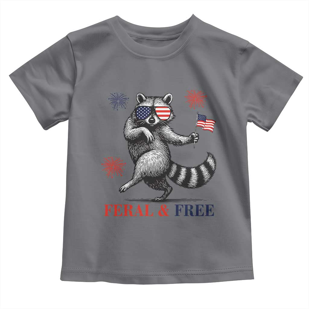 Feral and Free Dancing Raccoon Toddler T Shirt Funny 4th July Patriotic Animal US Flag and Fireworks - Wonder Print Shop
