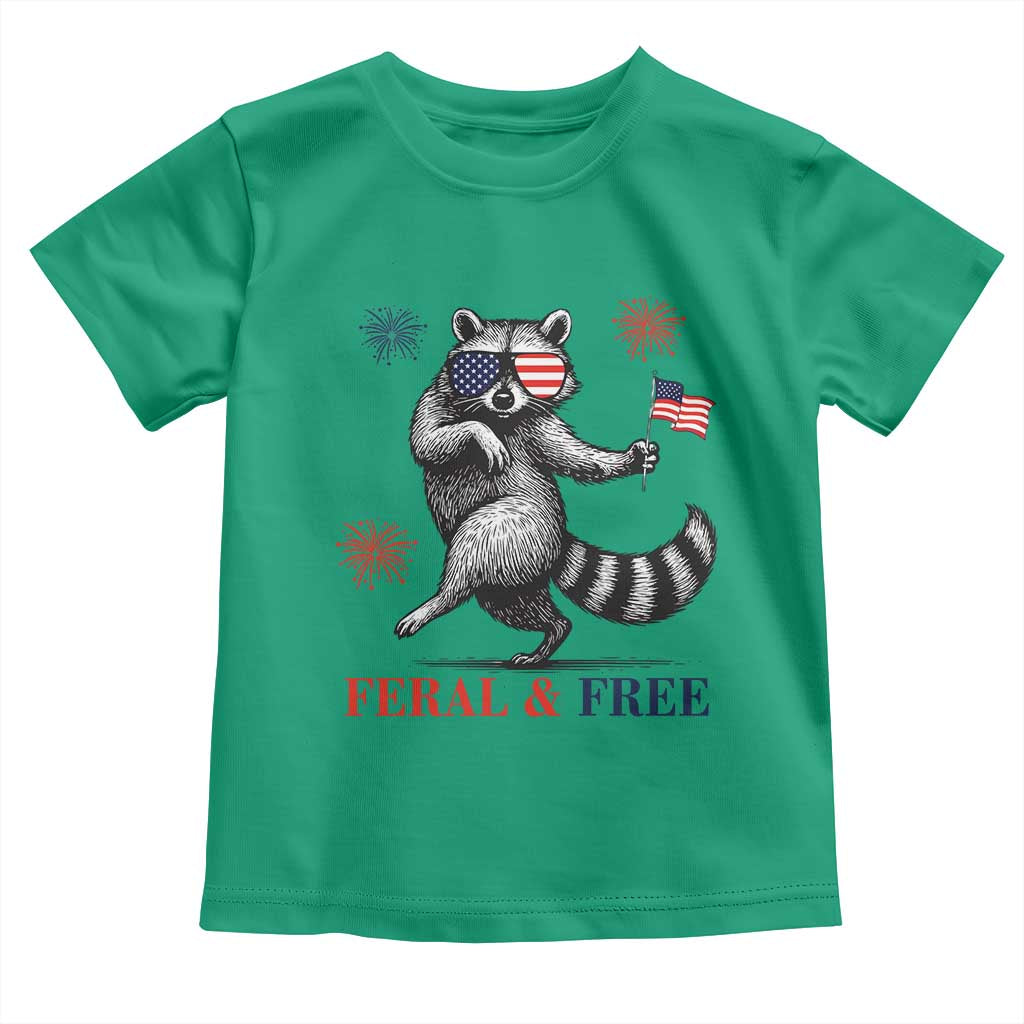 Feral and Free Dancing Raccoon Toddler T Shirt Funny 4th July Patriotic Animal US Flag and Fireworks - Wonder Print Shop