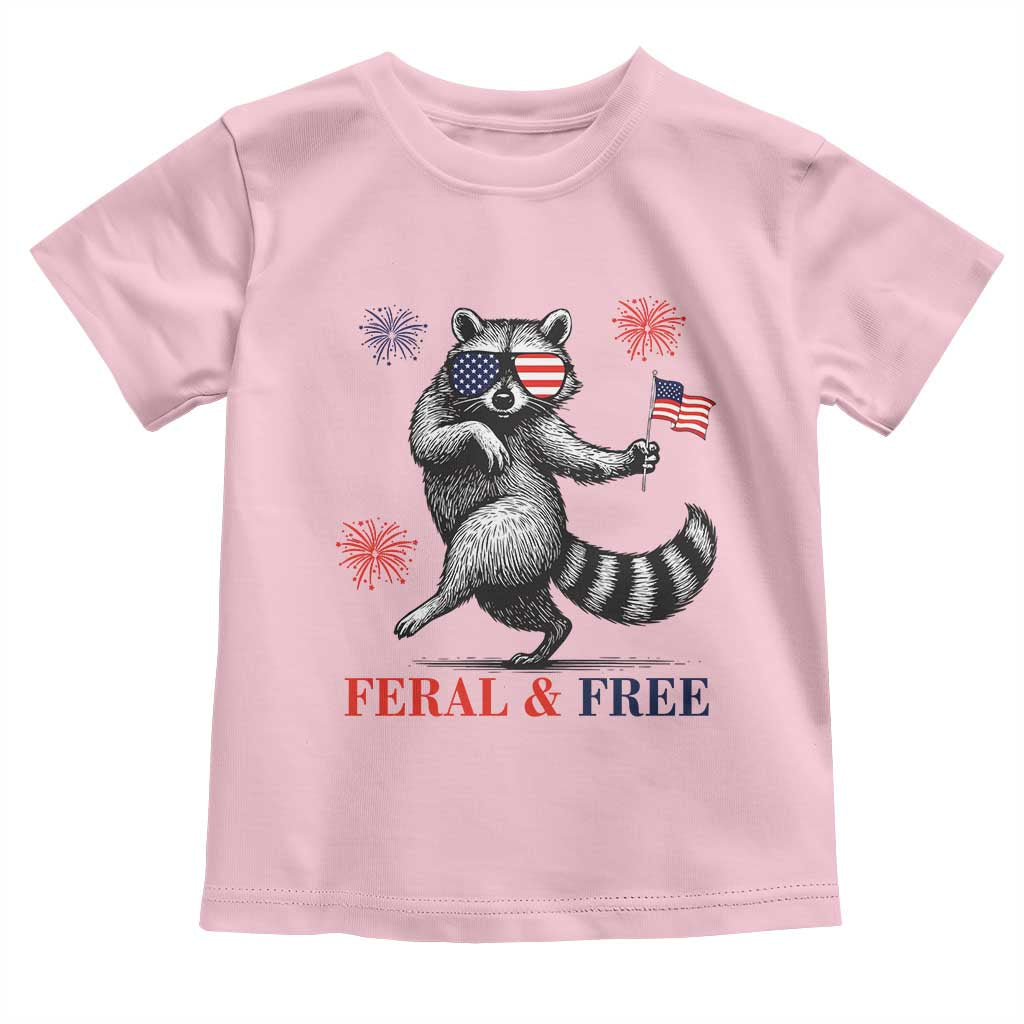 Feral and Free Dancing Raccoon Toddler T Shirt Funny 4th July Patriotic Animal US Flag and Fireworks - Wonder Print Shop