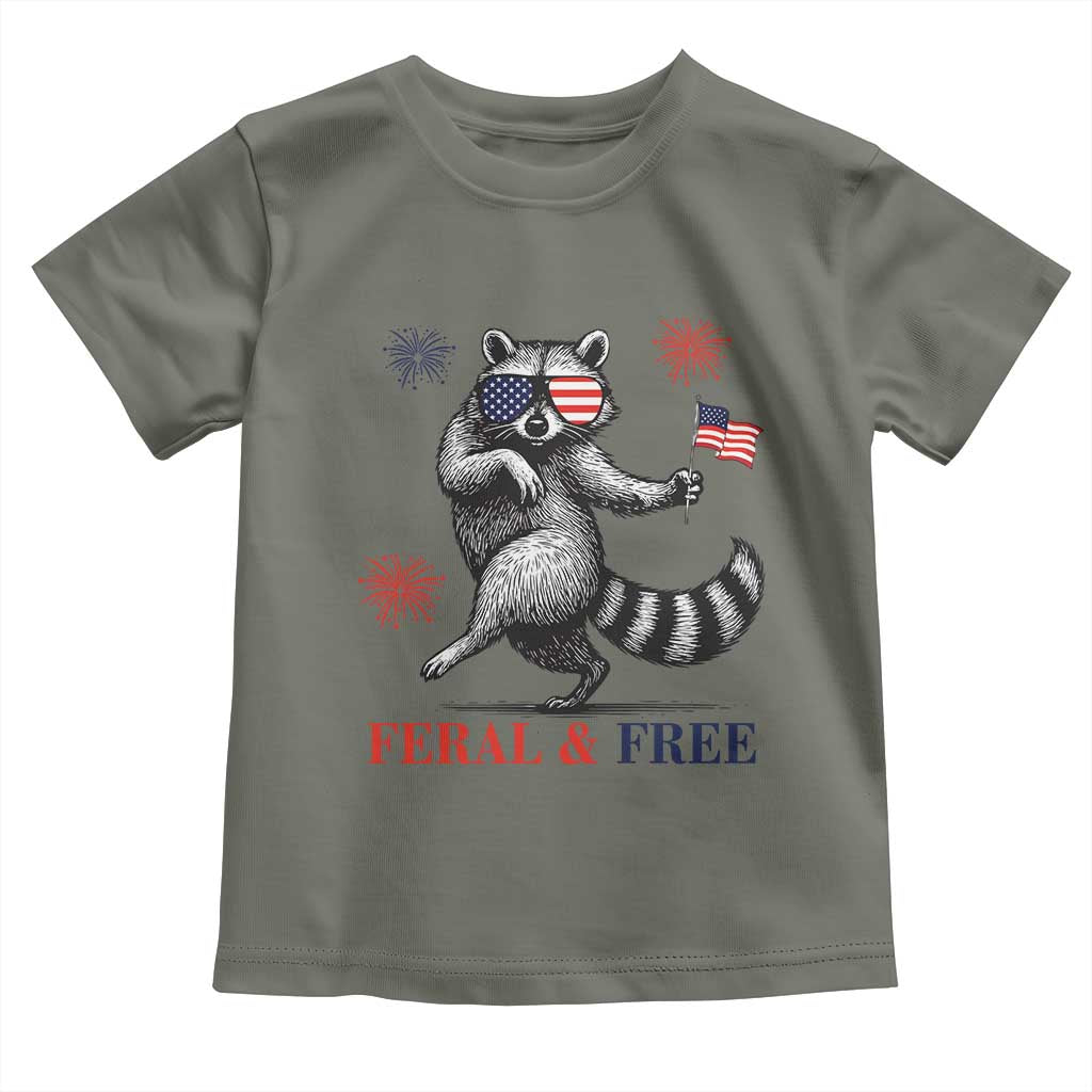 Feral and Free Dancing Raccoon Toddler T Shirt Funny 4th July Patriotic Animal US Flag and Fireworks - Wonder Print Shop