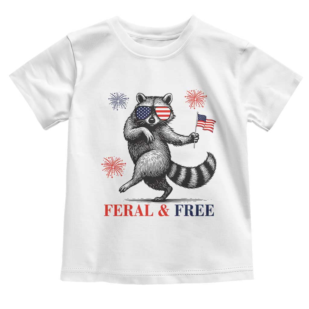 Feral and Free Dancing Raccoon Toddler T Shirt Funny 4th July Patriotic Animal US Flag and Fireworks - Wonder Print Shop
