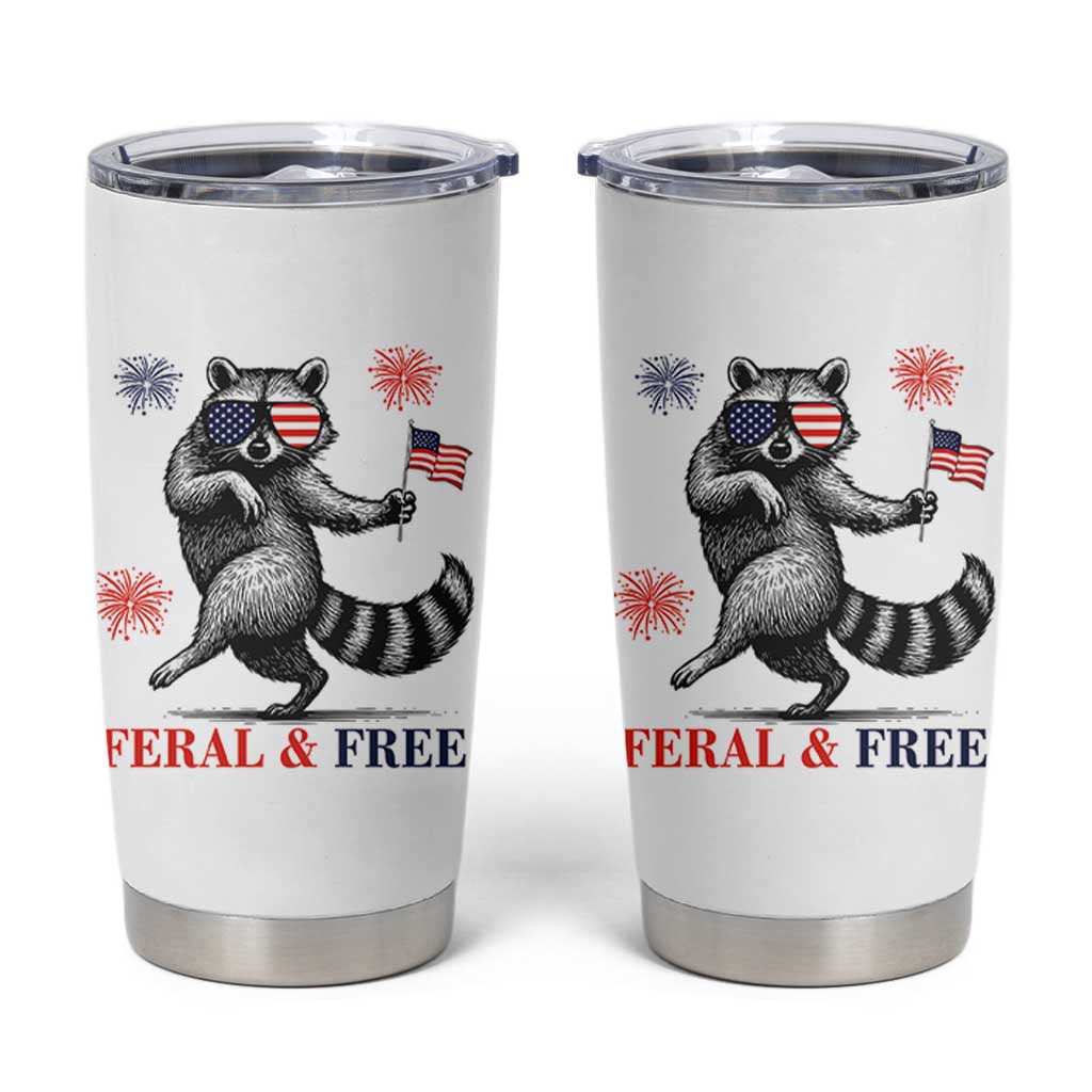 Feral and Free Dancing Raccoon Tumbler Cup Funny 4th July Patriotic Animal US Flag and Fireworks - Wonder Print Shop