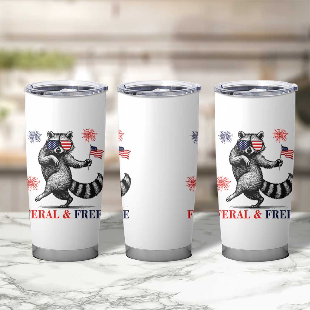 Feral and Free Dancing Raccoon Tumbler Cup Funny 4th July Patriotic Animal US Flag and Fireworks - Wonder Print Shop