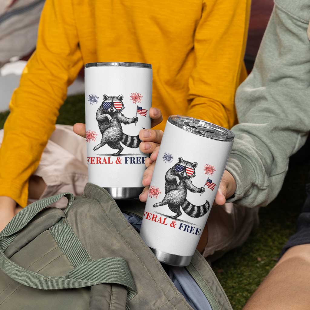 Feral and Free Dancing Raccoon Tumbler Cup Funny 4th July Patriotic Animal US Flag and Fireworks - Wonder Print Shop