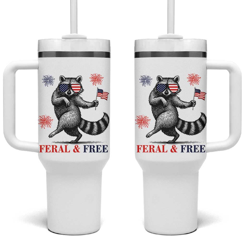 Feral and Free Dancing Raccoon Tumbler With Handle Funny 4th July Patriotic Animal US Flag and Fireworks - Wonder Print Shop