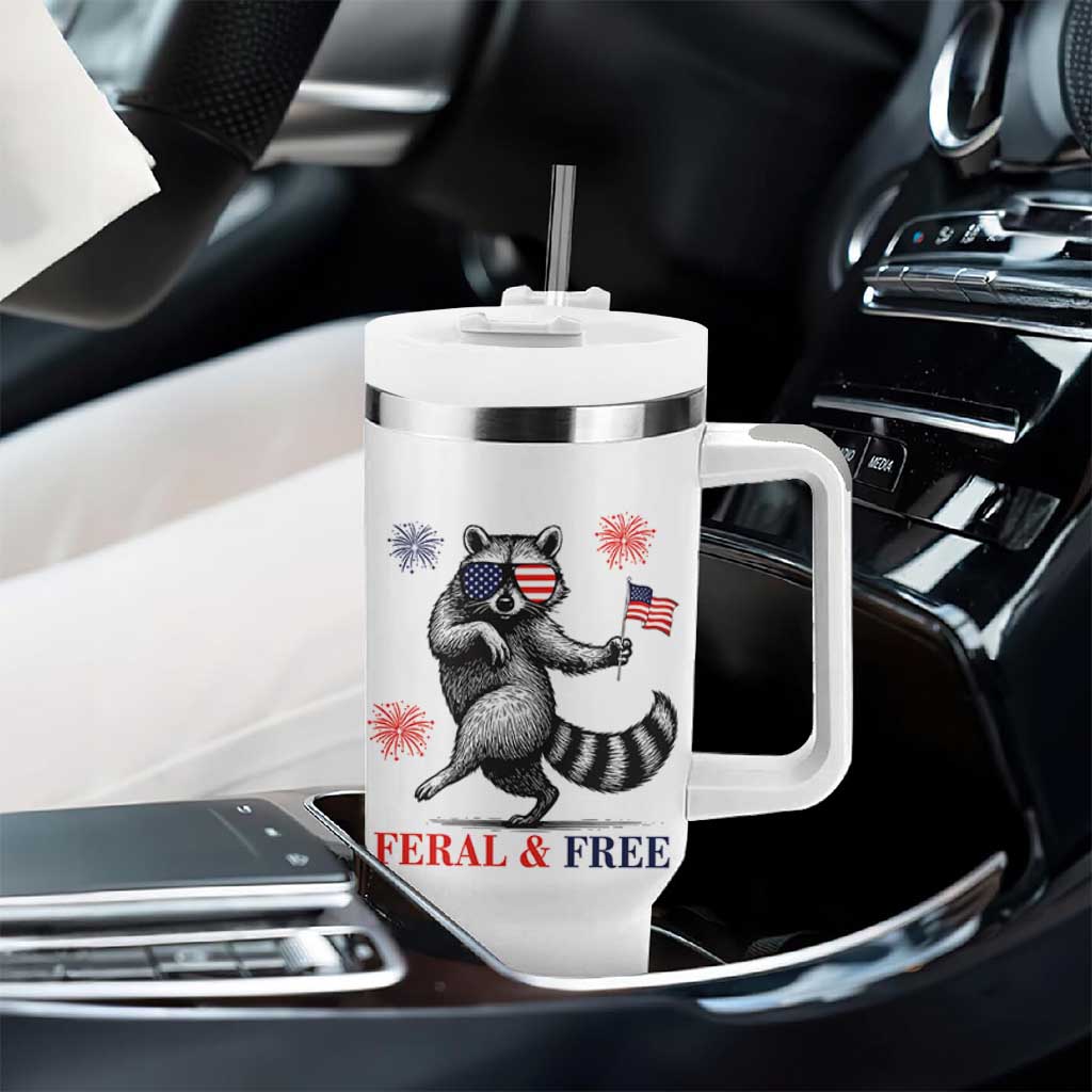 Feral and Free Dancing Raccoon Tumbler With Handle Funny 4th July Patriotic Animal US Flag and Fireworks - Wonder Print Shop