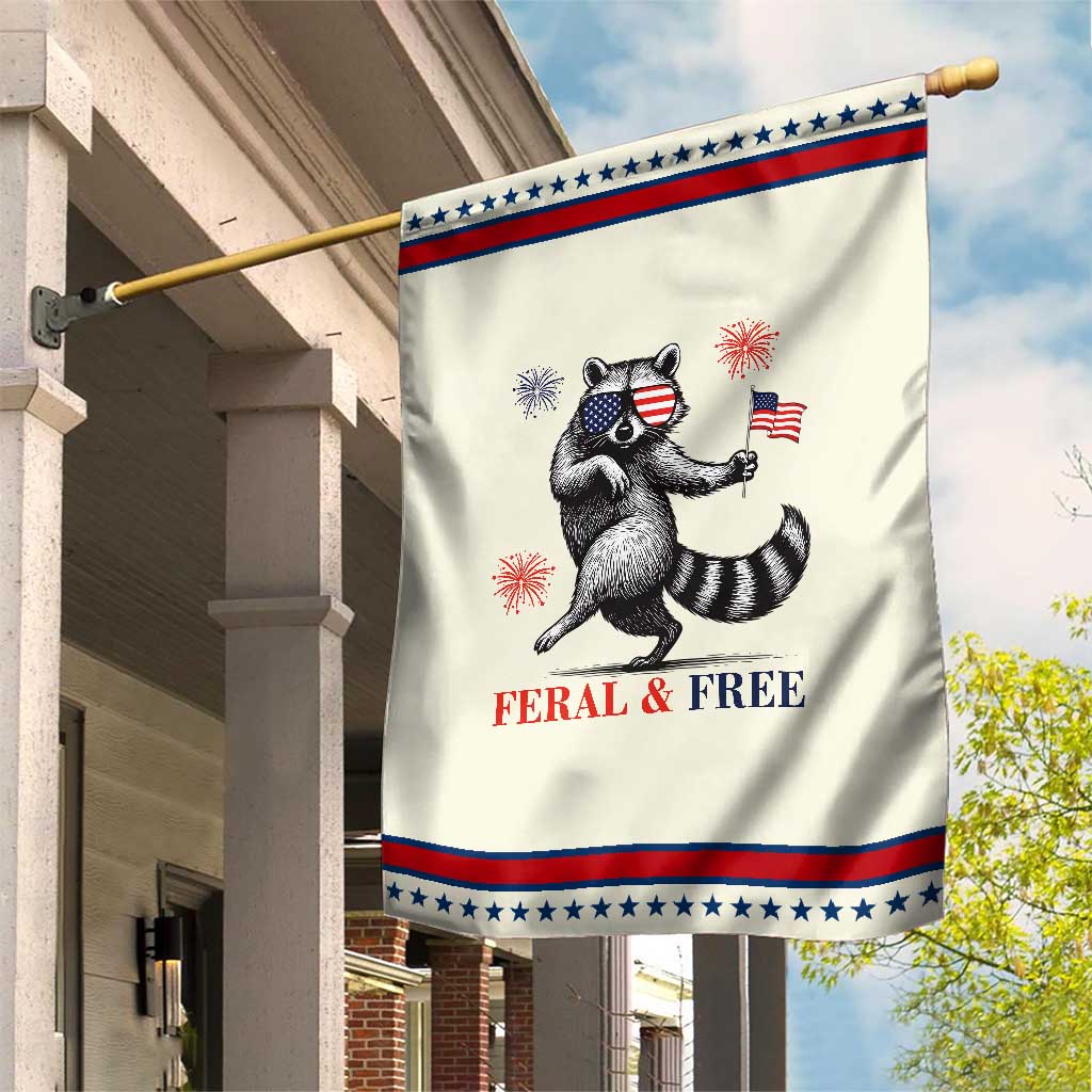 Feral and Free Dancing Raccoon Garden Flag Funny 4th July Patriotic Animal US Flag and Fireworks