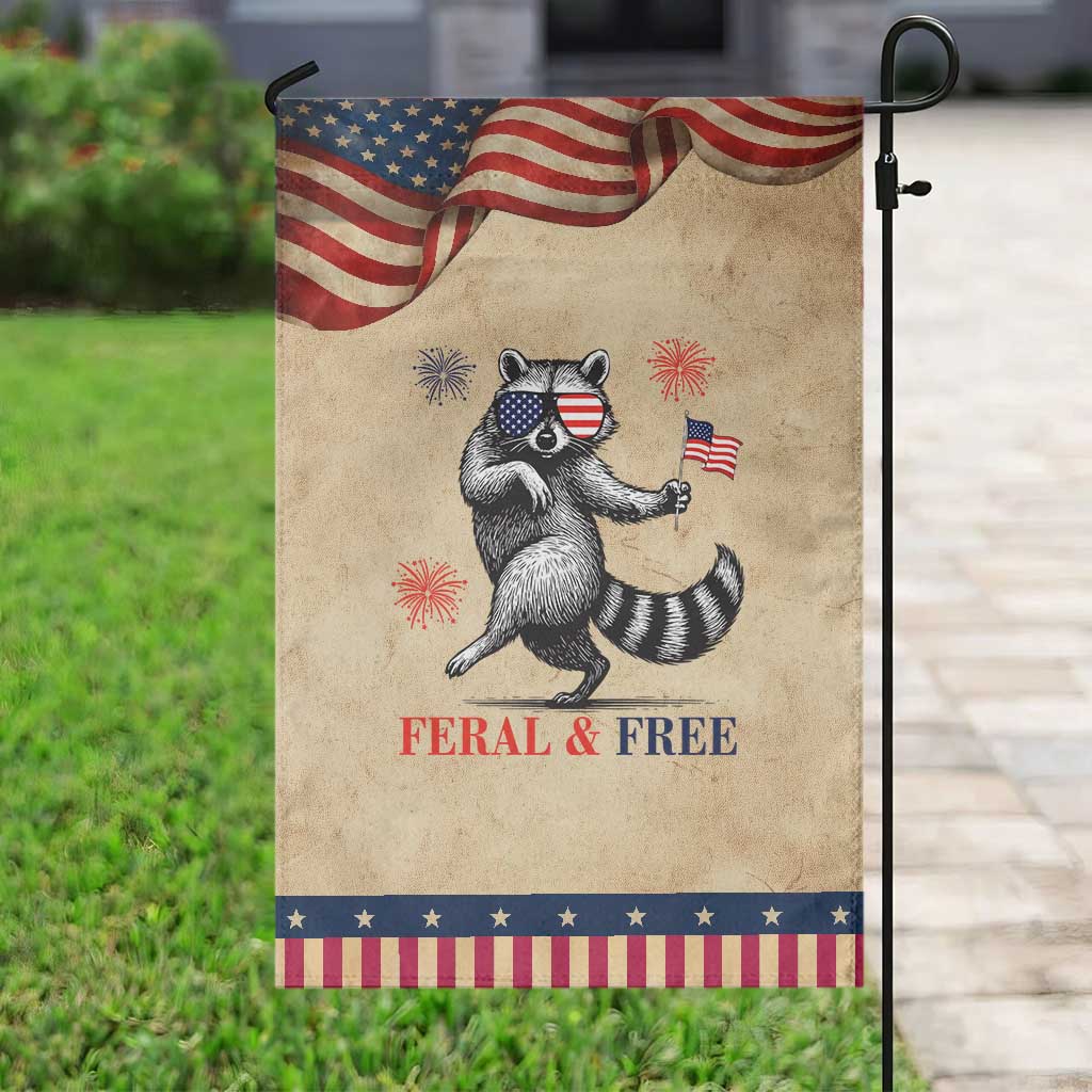 Feral and Free Dancing Raccoon Garden Flag Funny 4th July Patriotic Animal US Flag and Fireworks