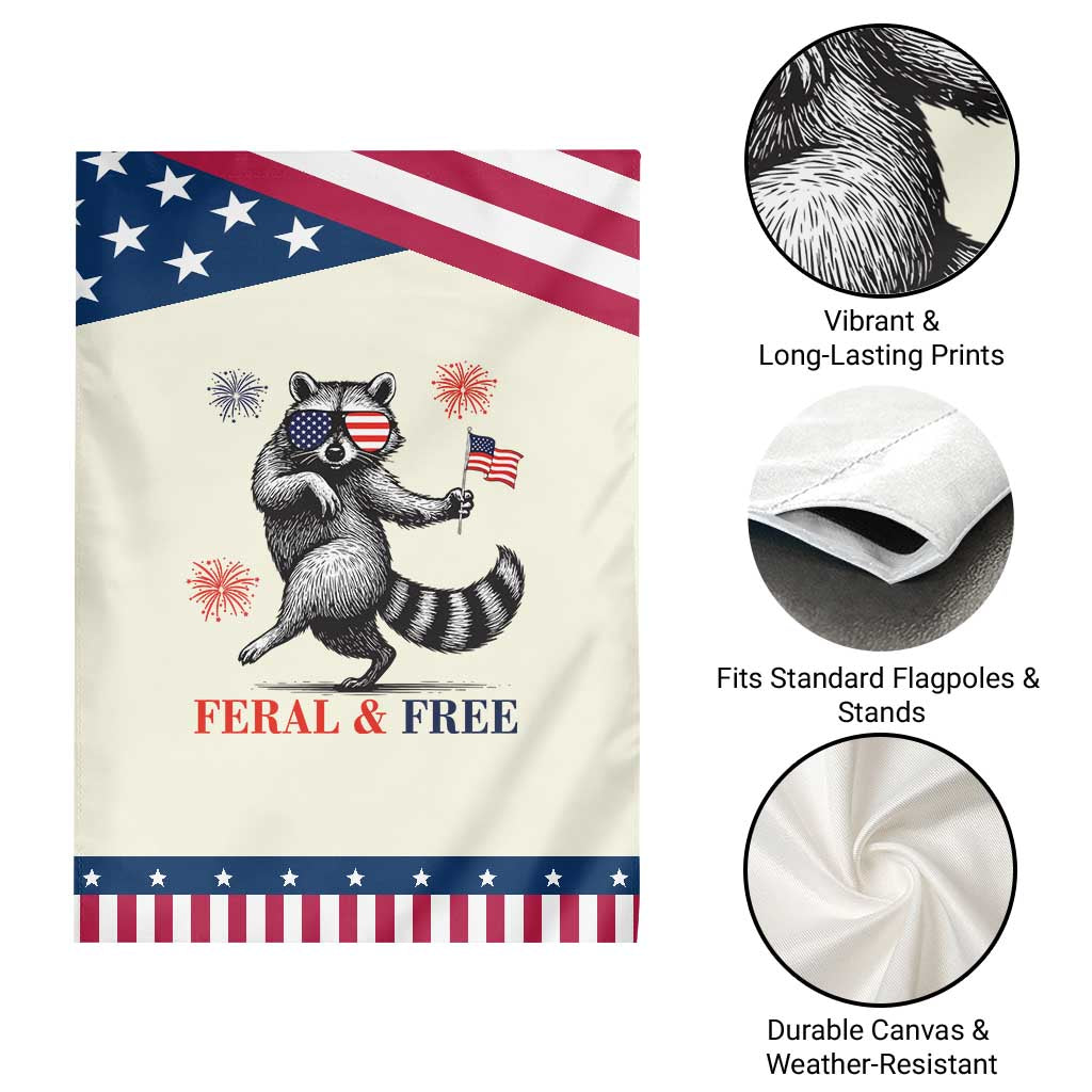 Feral and Free Dancing Raccoon Garden Flag Funny 4th July Patriotic Animal US Flag and Fireworks