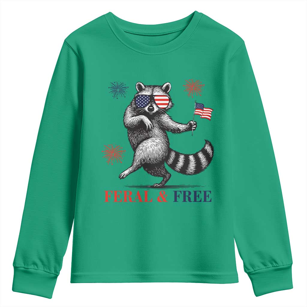 Feral and Free Dancing Raccoon Youth Sweatshirt Funny 4th July Patriotic Animal US Flag and Fireworks - Wonder Print Shop