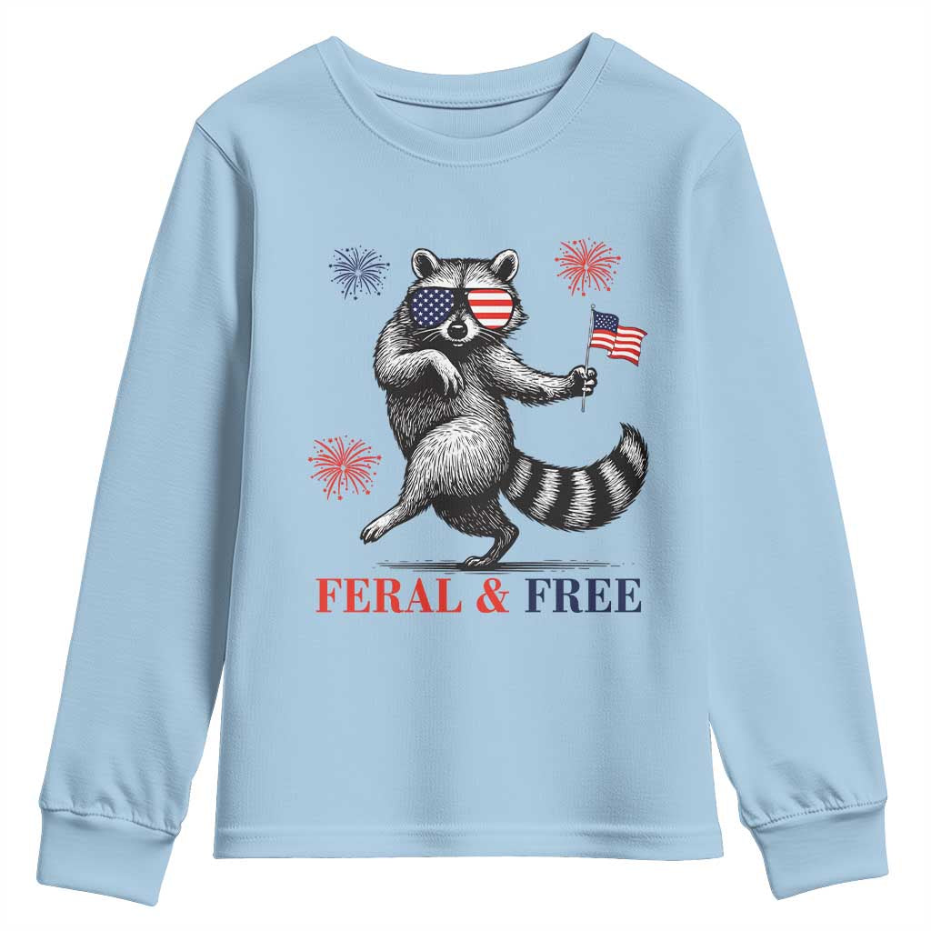 Feral and Free Dancing Raccoon Youth Sweatshirt Funny 4th July Patriotic Animal US Flag and Fireworks - Wonder Print Shop