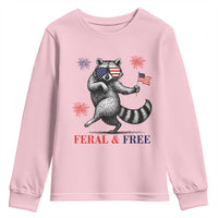 Feral and Free Dancing Raccoon Youth Sweatshirt Funny 4th July Patriotic Animal US Flag and Fireworks - Wonder Print Shop
