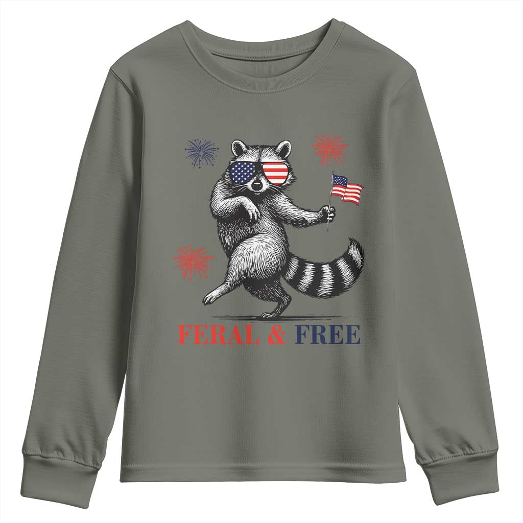 Feral and Free Dancing Raccoon Youth Sweatshirt Funny 4th July Patriotic Animal US Flag and Fireworks - Wonder Print Shop