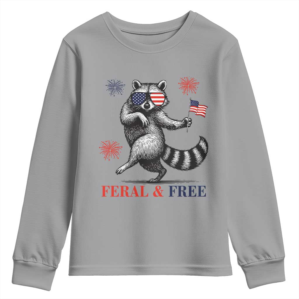 Feral and Free Dancing Raccoon Youth Sweatshirt Funny 4th July Patriotic Animal US Flag and Fireworks - Wonder Print Shop