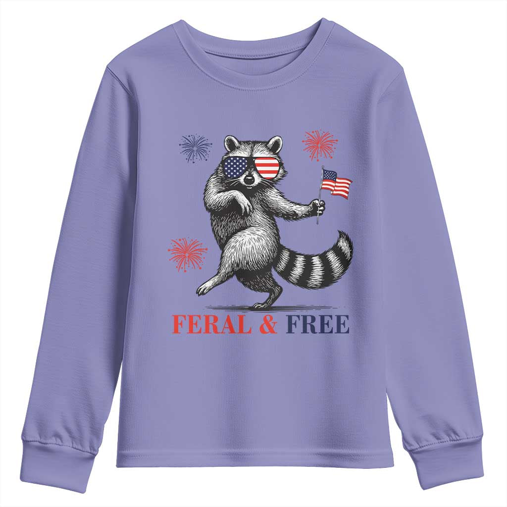 Feral and Free Dancing Raccoon Youth Sweatshirt Funny 4th July Patriotic Animal US Flag and Fireworks - Wonder Print Shop