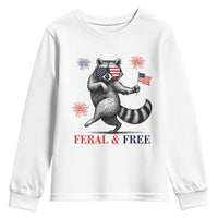 Feral and Free Dancing Raccoon Youth Sweatshirt Funny 4th July Patriotic Animal US Flag and Fireworks - Wonder Print Shop