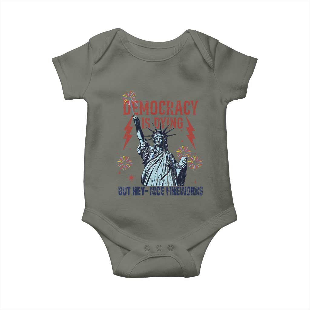 Democracy Is Dying But Hey Nice Fireworks Statue of Liberty Baby Onesie Funny 4th Of July Retro - Wonder Print Shop