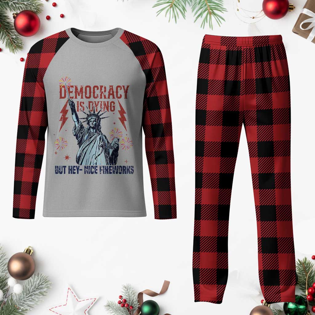 Democracy Is Dying But Hey Nice Fireworks Statue of Liberty Plaid Pajama Set Funny 4th Of July Retro - Wonder Print Shop