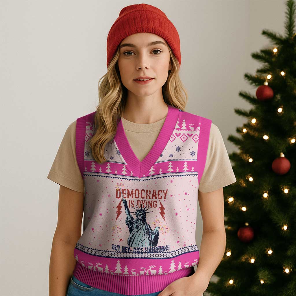 Democracy Is Dying But Hey Nice Fireworks Statue of Liberty V-Neck Knit Sweater Vest Funny 4th Of July Retro - Wonder Print Shop