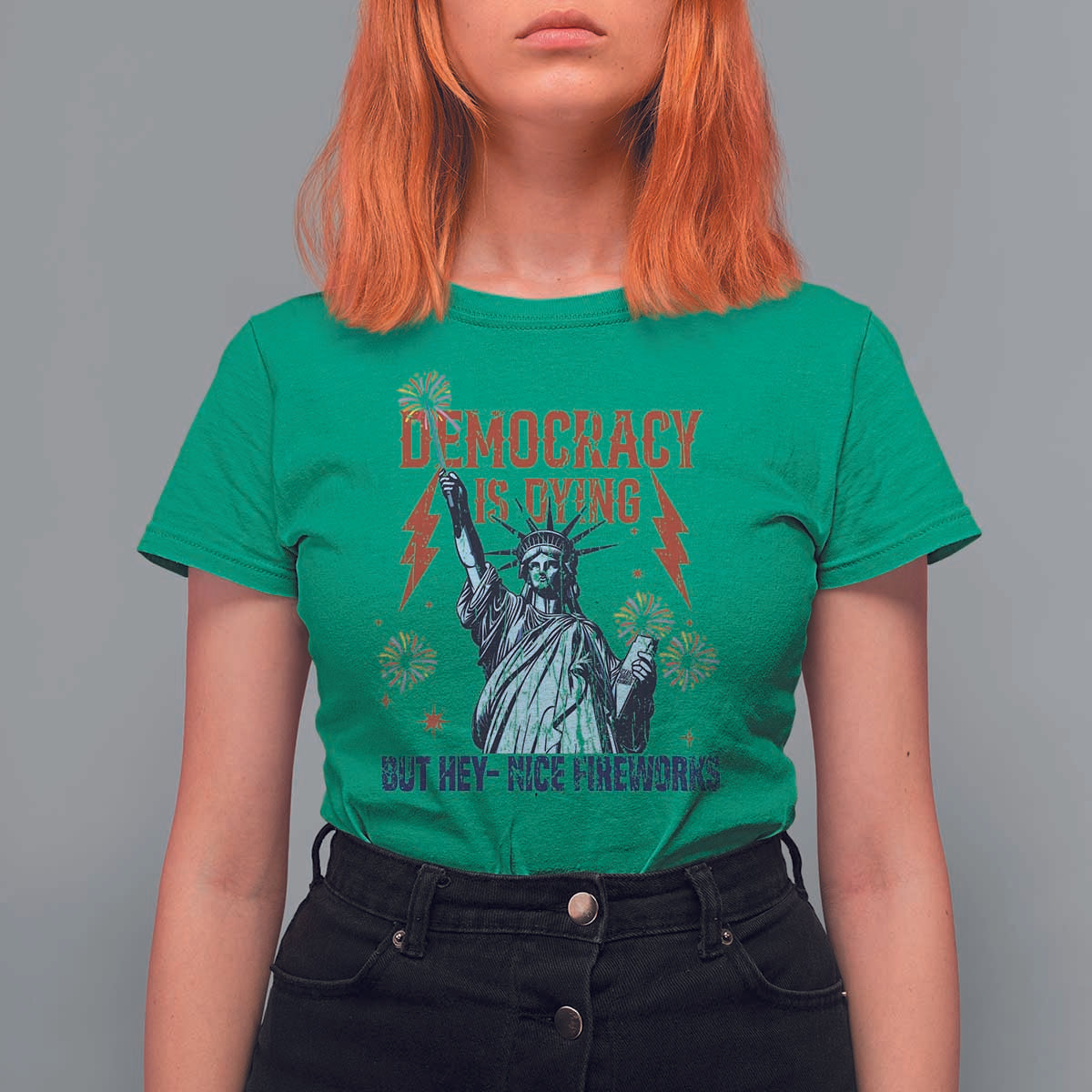 Democracy Is Dying But Hey Nice Fireworks Statue of Liberty T Shirt For Women Funny 4th Of July Retro - Wonder Print Shop