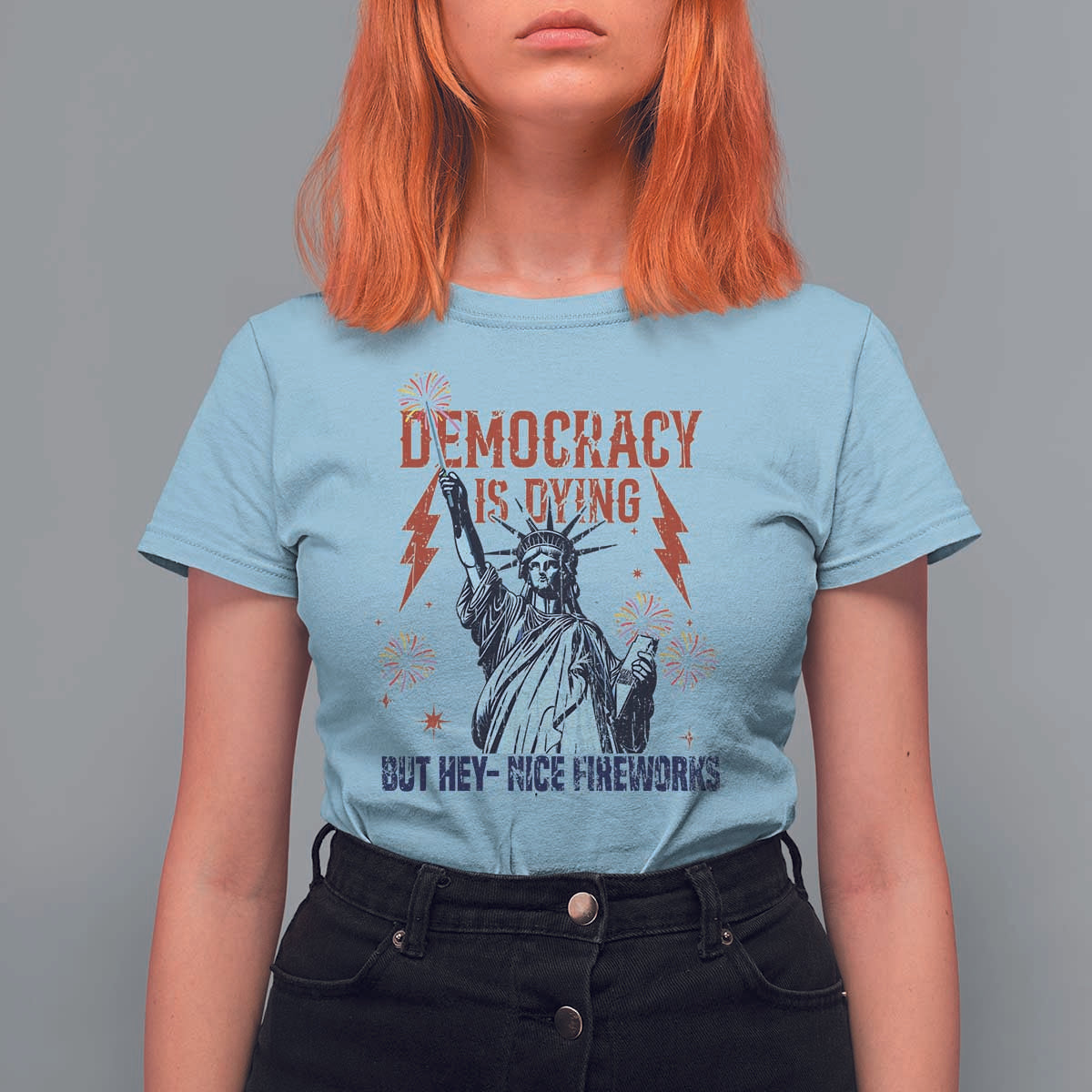 Democracy Is Dying But Hey Nice Fireworks Statue of Liberty T Shirt For Women Funny 4th Of July Retro - Wonder Print Shop