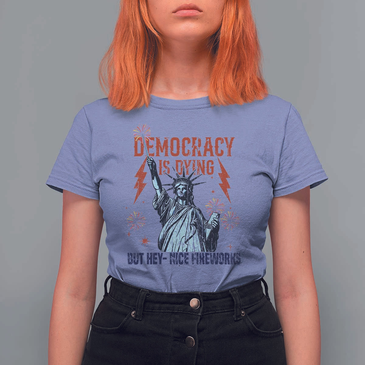 Democracy Is Dying But Hey Nice Fireworks Statue of Liberty T Shirt For Women Funny 4th Of July Retro - Wonder Print Shop