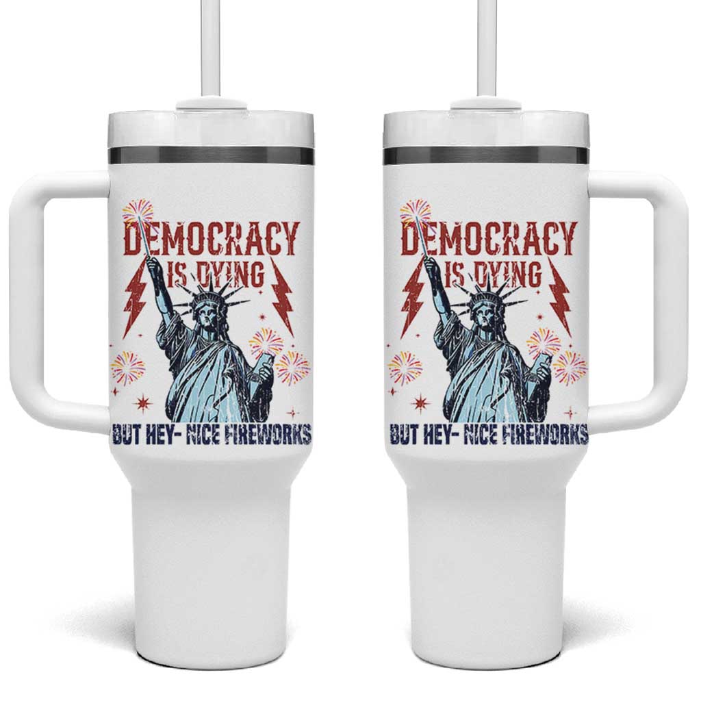 Democracy Is Dying But Hey Nice Fireworks Statue of Liberty Tumbler With Handle Funny 4th Of July Retro - Wonder Print Shop