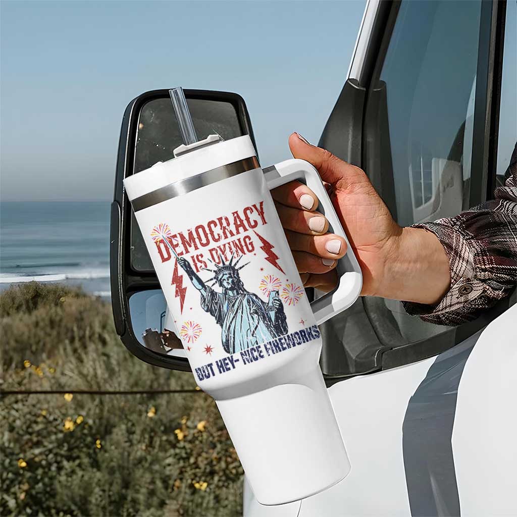 Democracy Is Dying But Hey Nice Fireworks Statue of Liberty Tumbler With Handle Funny 4th Of July Retro - Wonder Print Shop