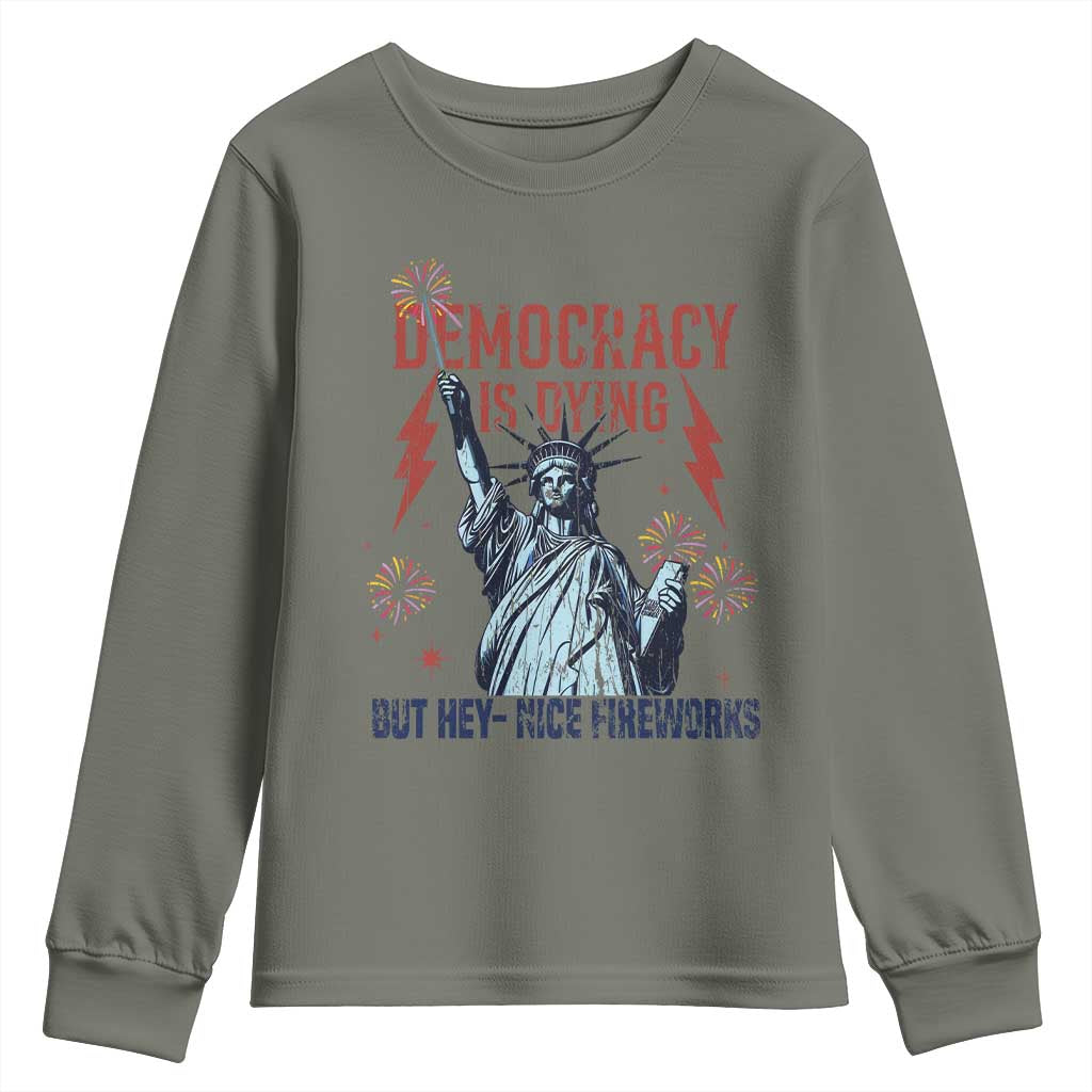 Democracy Is Dying But Hey Nice Fireworks Statue of Liberty Youth Sweatshirt Funny 4th Of July Retro - Wonder Print Shop