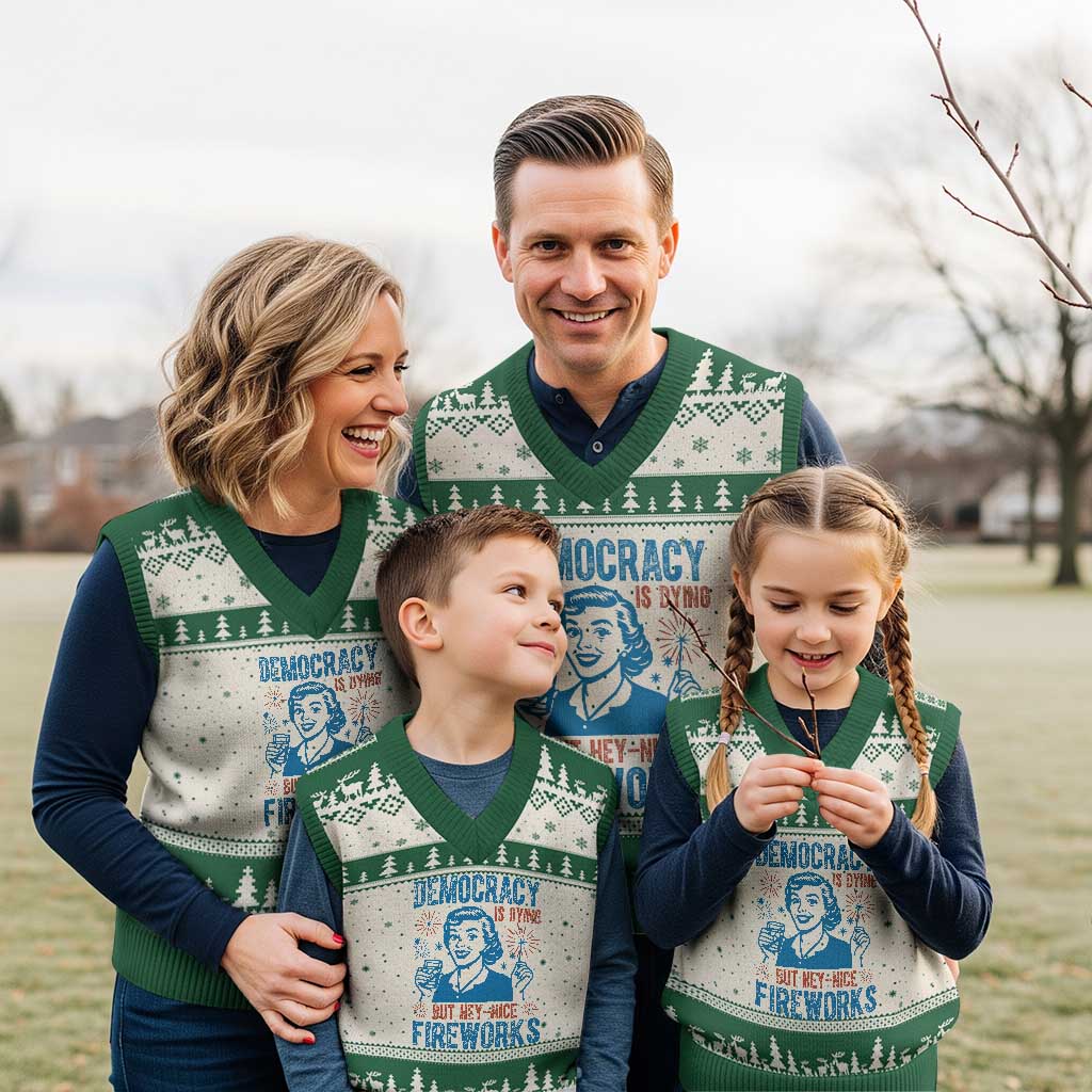 Democracy Is Dying But Hey Nice Fireworks V-Neck Knit Sweater Vest Funny Retro 4th of July Political Humor - Wonder Print Shop
