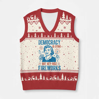 Democracy Is Dying But Hey Nice Fireworks V-Neck Knit Sweater Vest Funny Retro 4th of July Political Humor - Wonder Print Shop