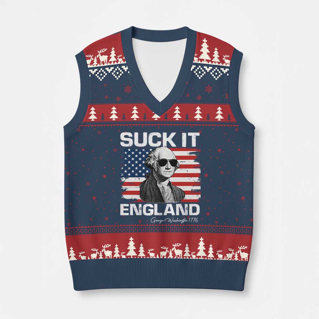 Funny George Washington V-Neck Knit Sweater Vest Suck It England Bold Patriotic 4th of July 1776 - Wonder Print Shop