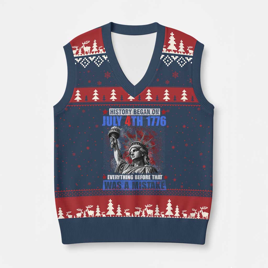 History Began July 4th 1776 V-Neck Knit Sweater Vest Bold Patriotic Statement Statue of Liberty - Wonder Print Shop