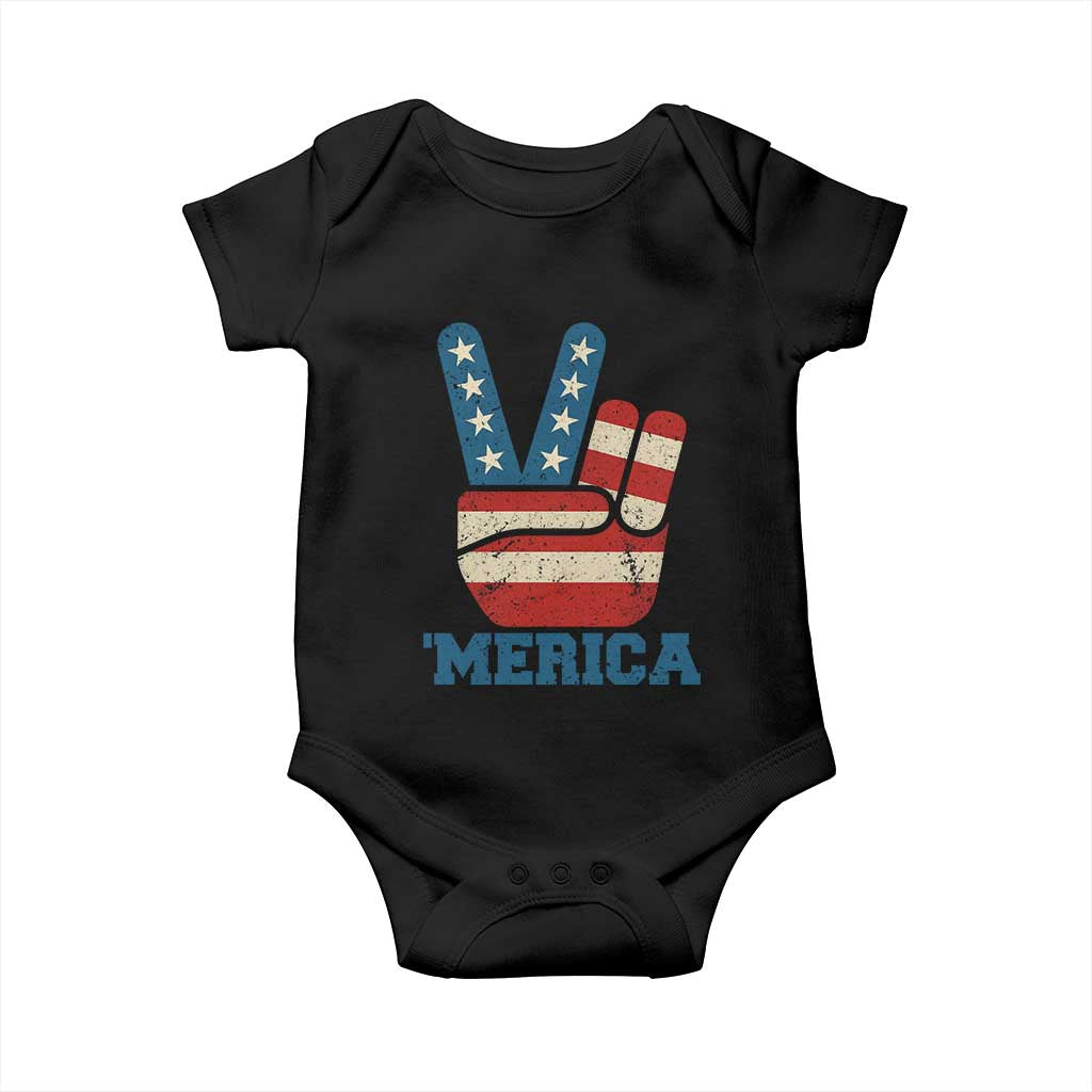 Vintage ‘Merica Peace Sign Baby Onesie Retro Patriotic 4th of July USA Flag