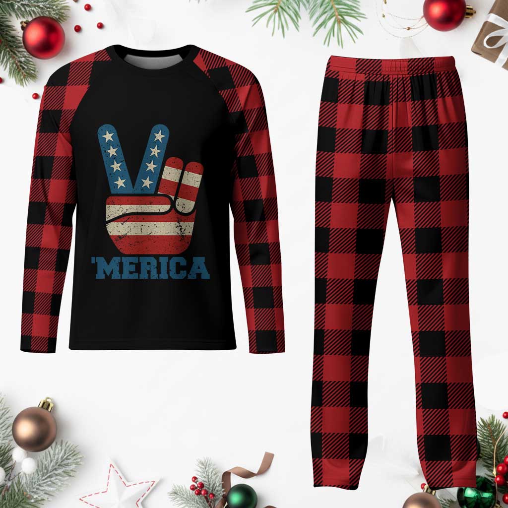 Vintage ‘Merica Peace Sign Plaid Pajama Set Retro Patriotic 4th of July USA Flag - Wonder Print Shop