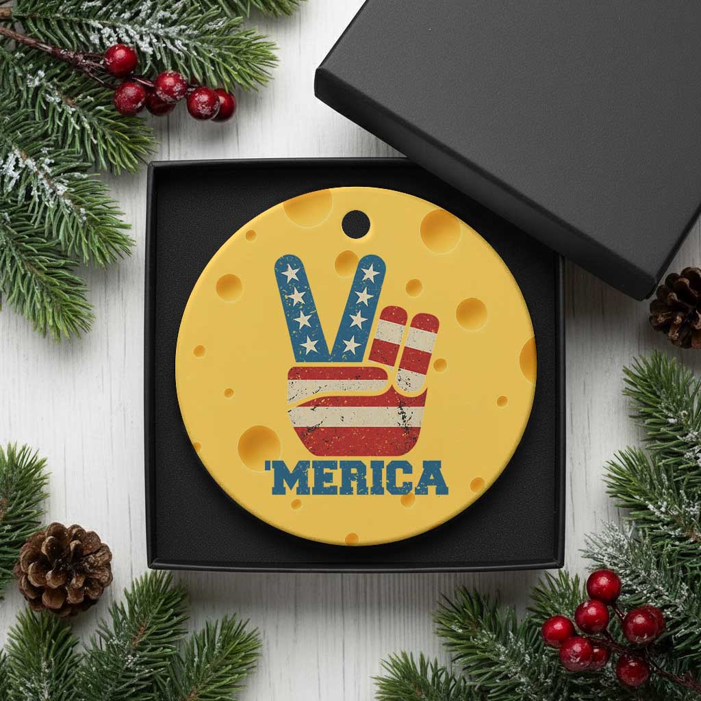Vintage ‘Merica Peace Sign Ceramic Ornament Retro Patriotic 4th of July USA Flag - Wonder Print Shop